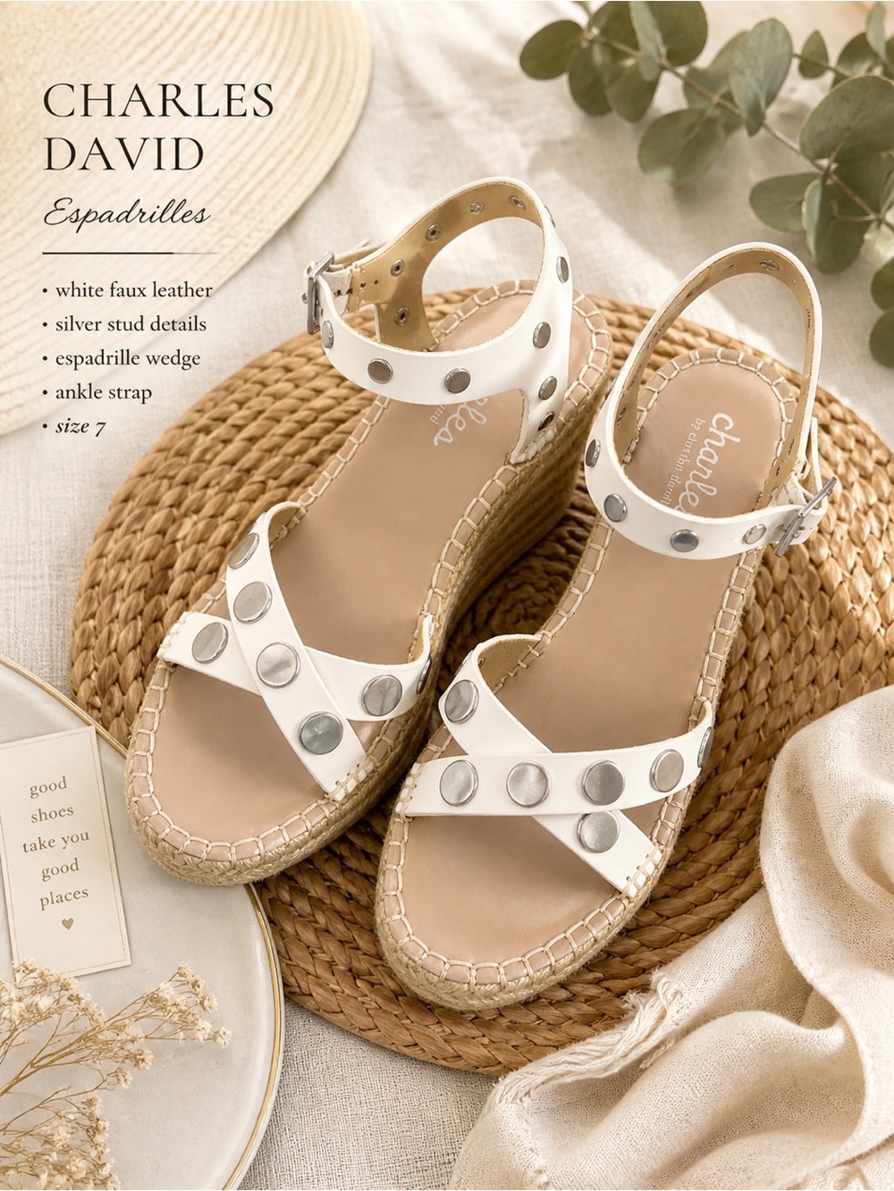 Charles David White Studded Espadrille Wedge Sandals – Size 8.5 | 3.5” Heel